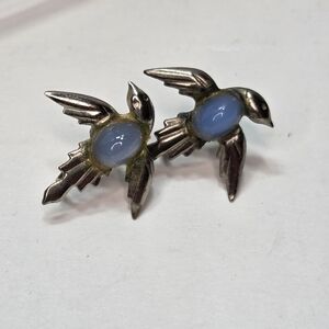 sterling silver antique blue glass cabochone flying bird screw on earrings 925